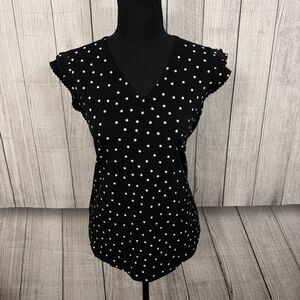 Adrianna Papell Women's Small Black/White Polka Dot V-Neck Sleeveless Blouse